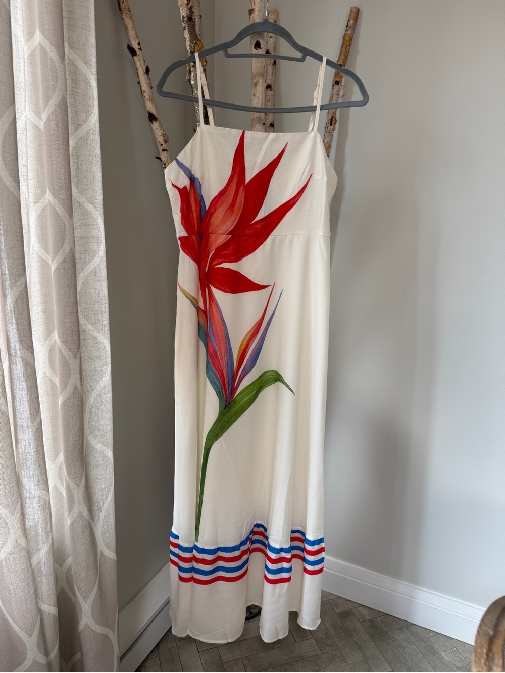 White Floral Maxi Dress with Red Tropical Print - Women
